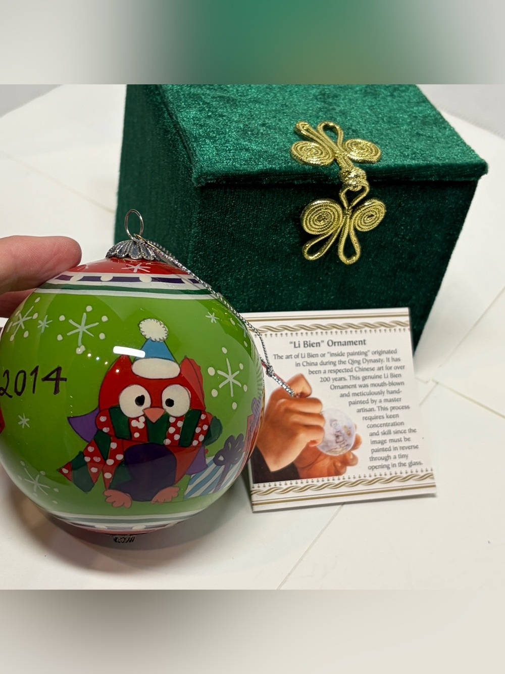 Li Bien Pier 1 Owls Ball Ornament Reverse Painted Blown Art Glass Green 2014